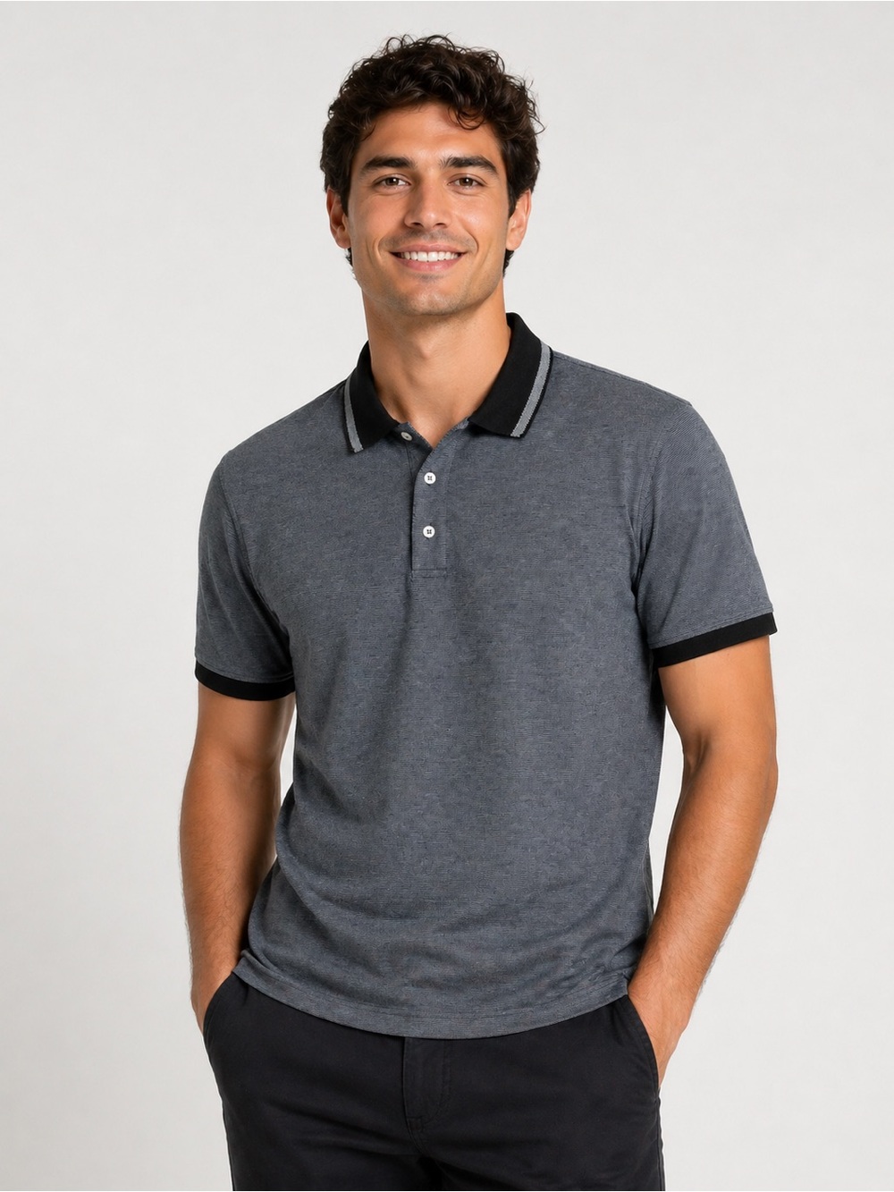 Y2K Puritan Men’s Polo Shirt XL Gray Micro Pattern Black Collar Cotton Casual